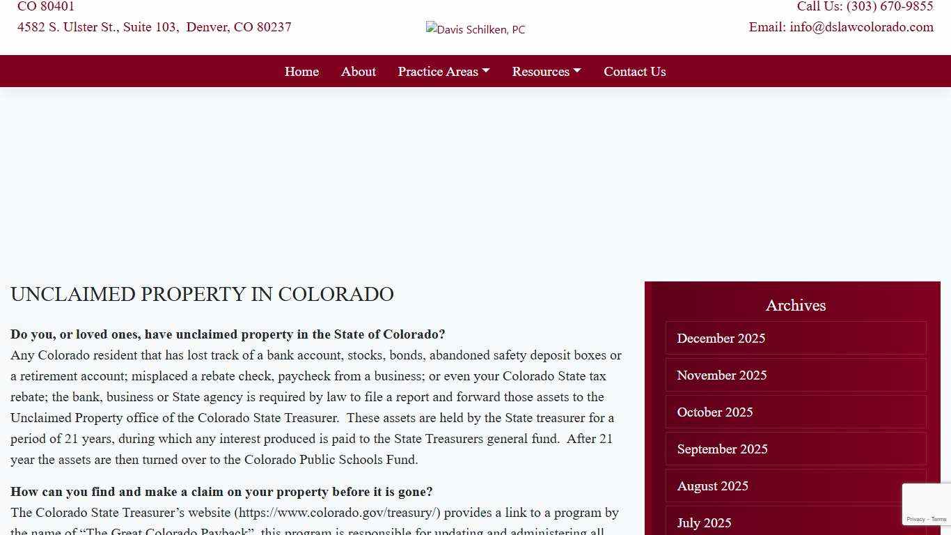 Unclaimed Property in Colorado - Davis Schilken, PC