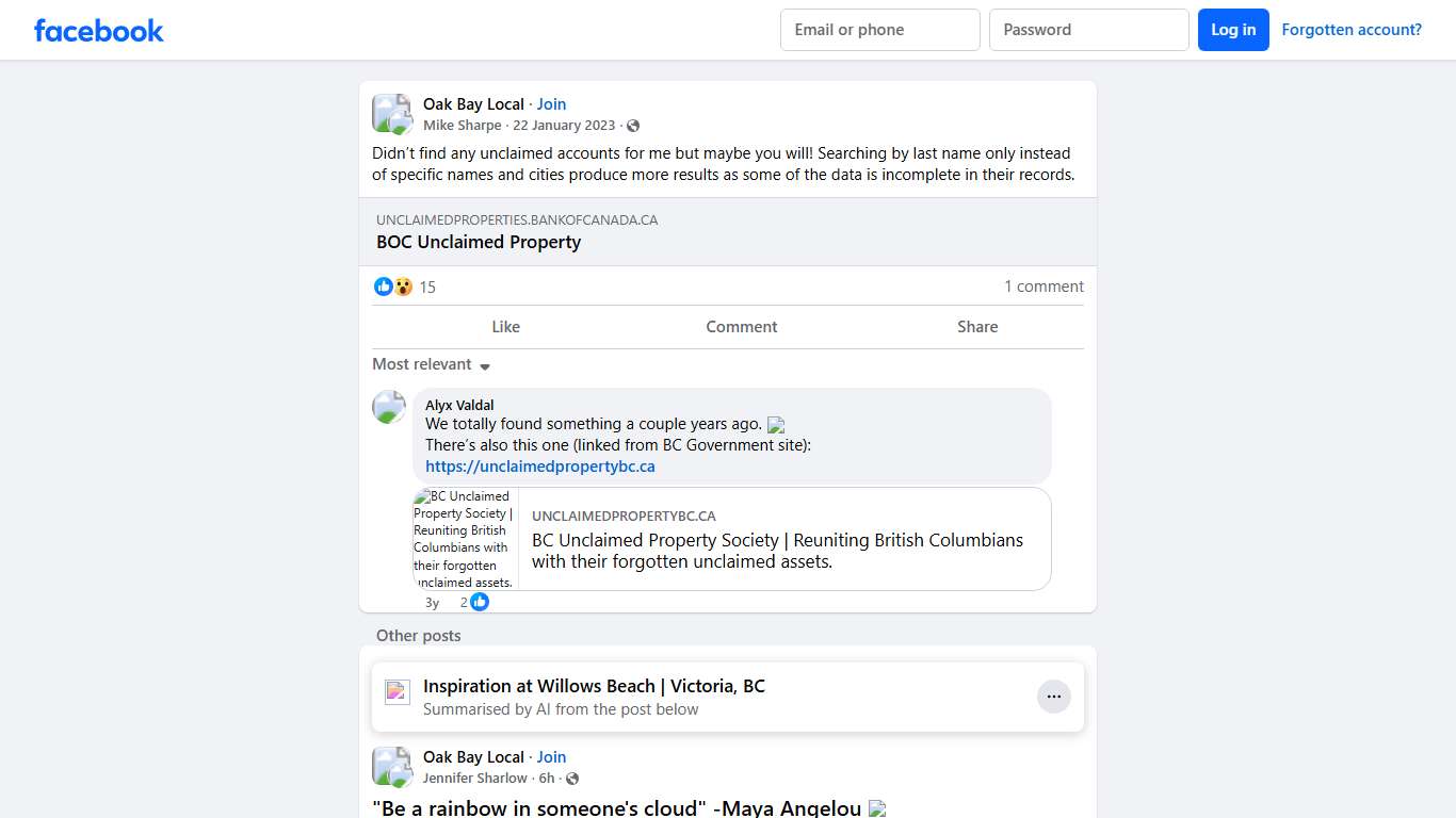 Oak Bay Local Didn’t find any unclaimed accounts for me but maybe you will Facebook